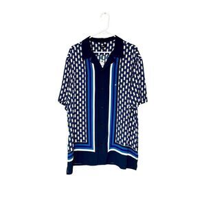 Express NWT blue bordered geo print rayon short sleeve button up shirt size XL